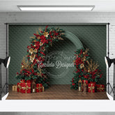 Aperturee - Aperturee Modern Christmas Floral Arch Photography Backdrop Red and Gold Poinsettia Half-Arch Elegant Holiday Photo Background